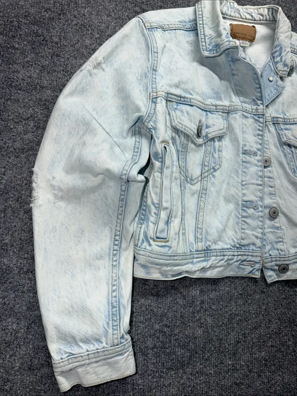 American Eagle Outfitters Pale Blue Cropped Denim Distressed Jacket - Image 3