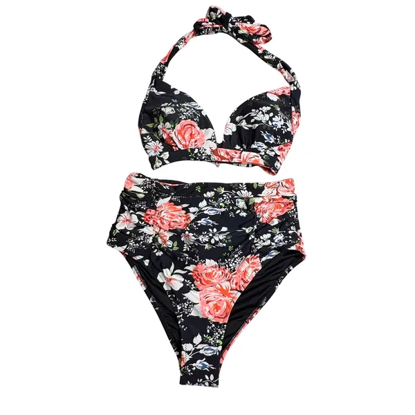 Cupshe Bikini Set Womens Medium Black Floral‎ High Waisted Halter Swimsuit NWT - Image 10