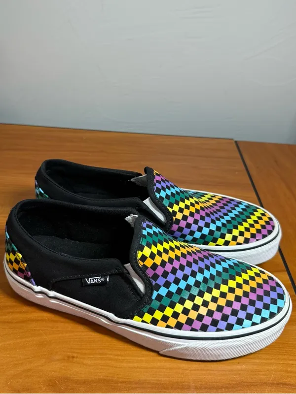 Vans Classic Slip On Checkerboard Canvas Sneaker Skate Rainbow Black Shoe W6.5‎ - Image 3