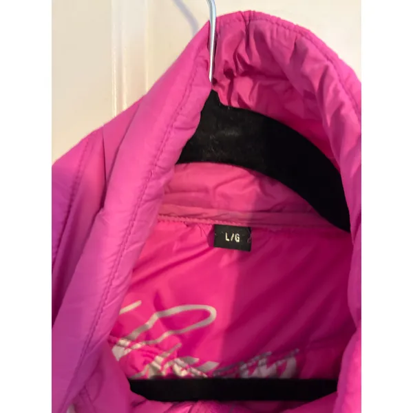 Guess Womens Fuchsia‎ Pink Quilted Puffer Jacket Heart Padlock Zip Size Large - Image 3