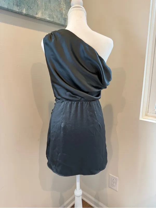 Show Me Your MuMu One-Shoulder Satin Mini Dress in Charcoal Gray - Image 3
