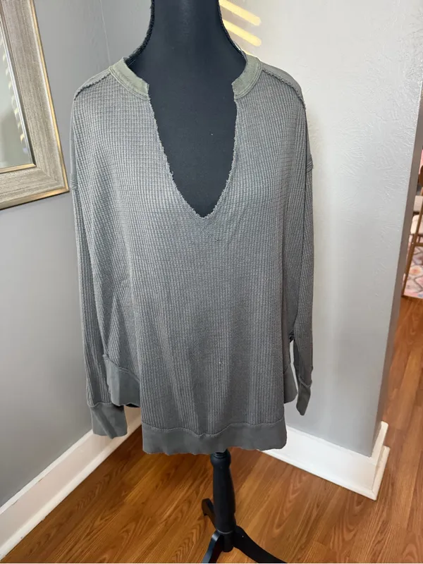We The Free Owen Waffle Knit V Neck Boho Elbow Patch Top Grey Small. - Image 2