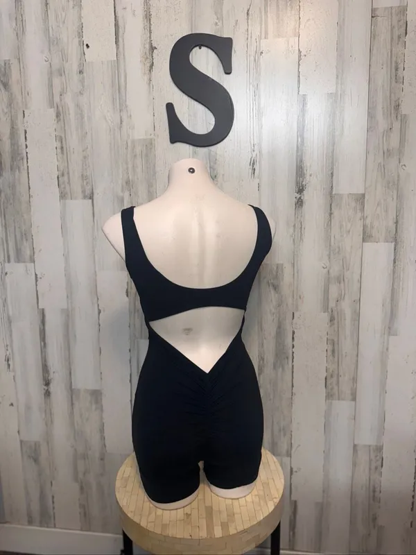 Backless Scrunch Butt Romper Bodysuit Womens S Solid Black Biker - Image 3