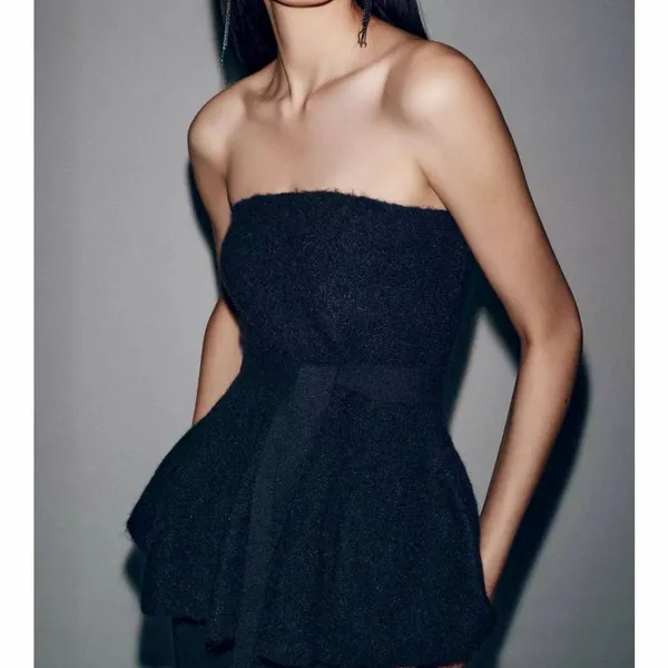 Zara NWT navy blue knit sweater peplum bow tie strapless tube bandeau top - Image 3
