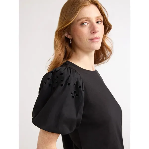 Free Assembly Womens T-Shirt Size L Black Embroidered Balloon Sleeves Elegant - Image 5