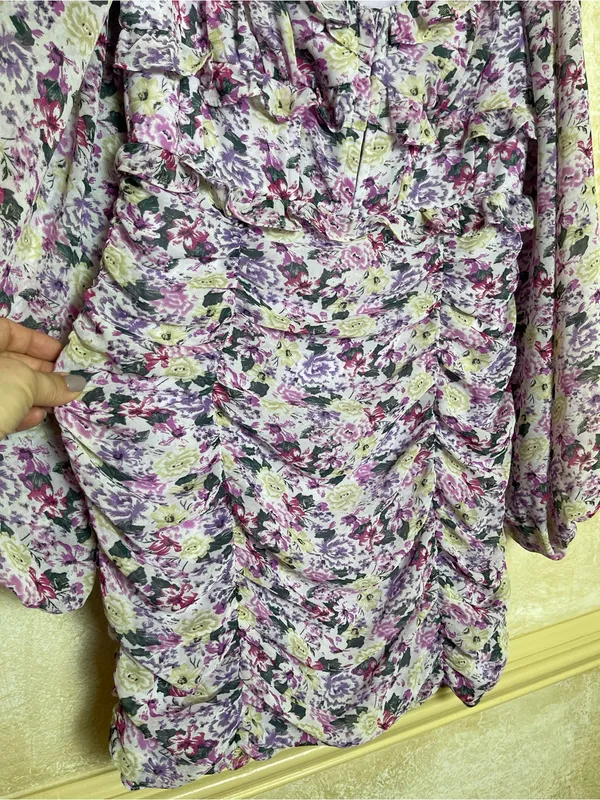 ASTR The Label Floral Ruched Puff Sleeve Mini Dress Purple Sz L Fairy Whimsical - Image 14