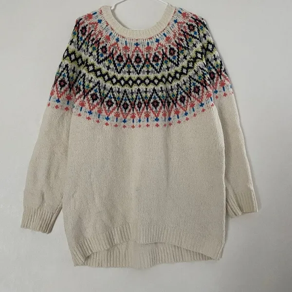 Aerie Fair Isle Sweater Women’s Large Cream Nordic Knit Cozy Winter Pullover - Image 2