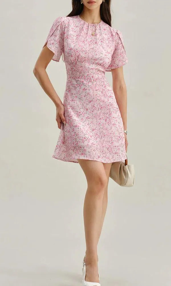 Rihoas Pink Floral Round Neck Pleated Mini Dress - Image 4