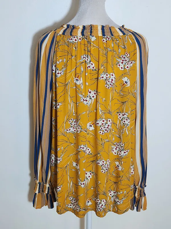 Gigio Mustard Yellow Boho Peasant Blouse Floral and Stripe Print Size Large - Image 5