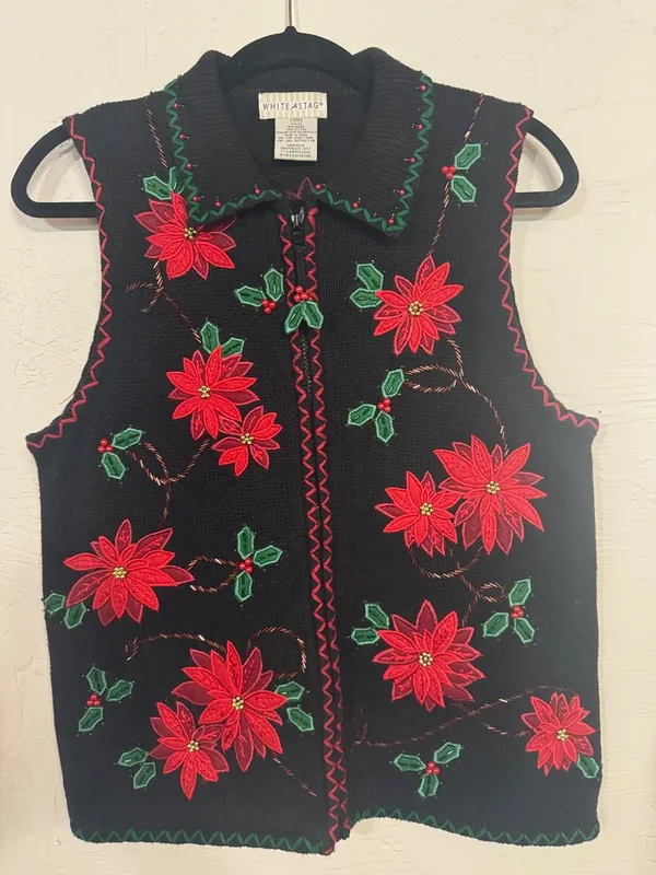 Vtg Women Ugly Christmas Sweater Vest Zip Up Poinsettia Embroidered Beaded 4/6 - Image 11
