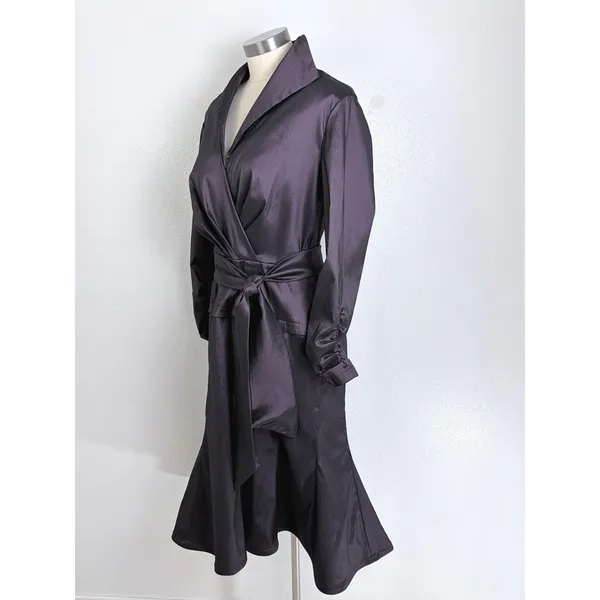 Tadashi Collection 14 Dark Purple Satin Wrap Midi Dress Ruched Cuffs - Image 4