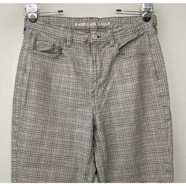 American Eagle Mom Straight Pants Size 14 Gray Plaid High Rise Preppy Trousers - Image 4