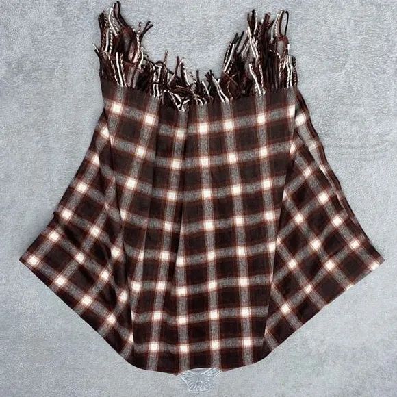 Denim & Co Heritage Plaid Cape Womens M Brown‎ White Fringe Buckle Closure - Image 9