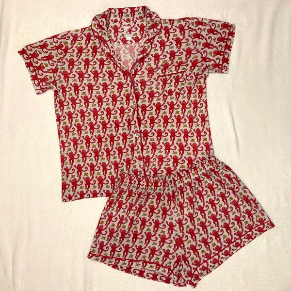 Roller Rabbit Pink Monkey Polo Pajama Short Sleeve Shirt and Shorts Set size Small - Image 2
