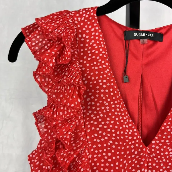 Sugar+Lips Top Womens Small Red Polka Dot Ruffle Crop Zip Up Tie Waist Blouse - Image 5