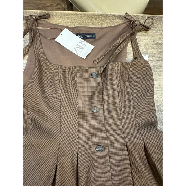 Zara Brown Houndstooth Check Square Neck Pleated A-Line Mini Dress Academia - Image 3