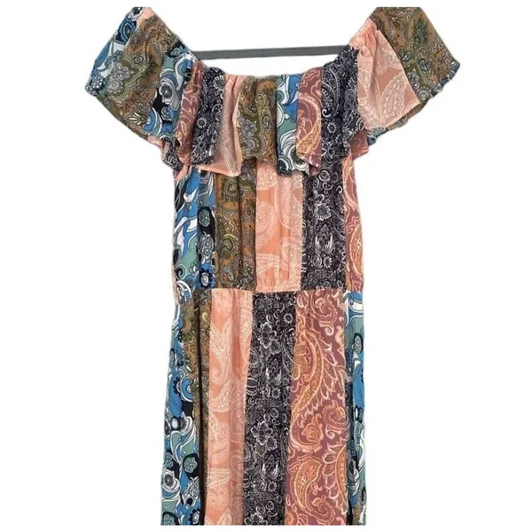 NWOT Sans Souci Off Shoulder Patch Print Maxi Dress Elastic Tie Waist M Tan Blue - Image 7