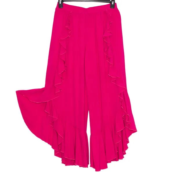 Hot Pink Ruffle Pants L Pull On Wide Leg High Rise Flowy Palazzo Crop Festival - Image 2