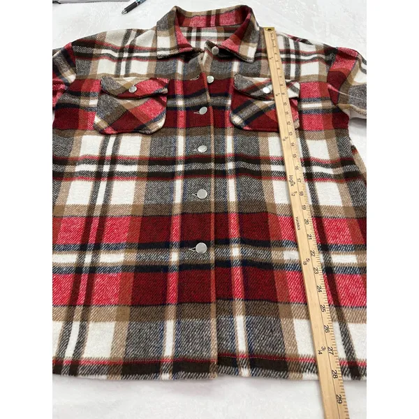 Womens Plaid Shacket Jacket Red Brown White Flannel Style Button Front Size L Size L - Image 4