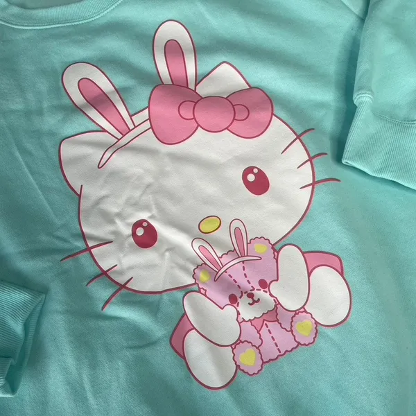 HELLO KITTY Large NWT Pink Teal Bunny Easter Pullover Sweatshirt Cute‎ Kawaii - Image 3