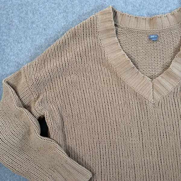 Aerie Women's Small Chunky Knit V-Neck Sweater Tan Chenille Pullover Top - Image 3