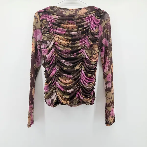 Maeve Anthropologie Ruched Mesh Floral Long Sleeve Top Brown Pink Small - Image 3