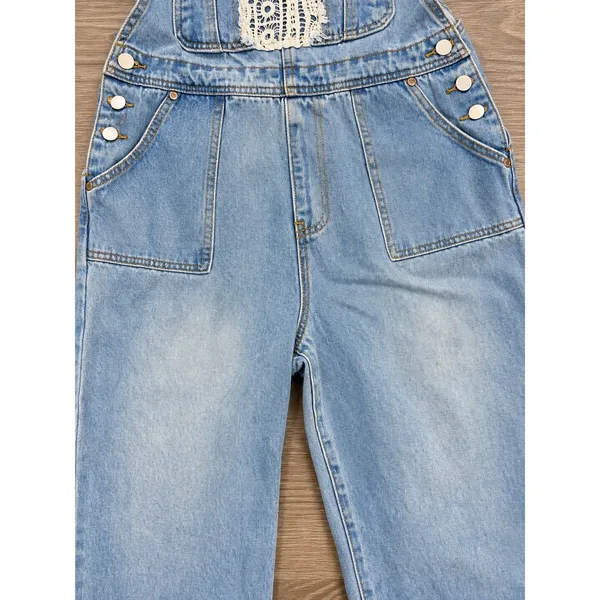 POL Light Wash Denim Overalls Size M Crochet Lace Wide Leg Boho - Image 5