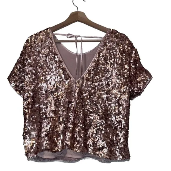 Abercrombie and Fitch Top S Rose Gold Sequins Tie Open Back Boxy‎ - Image 4