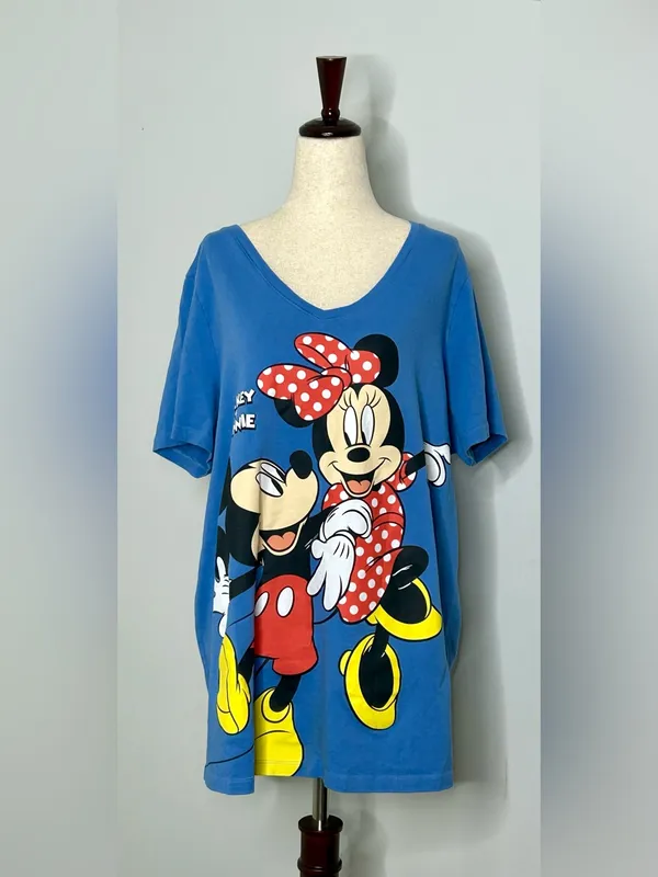 Disney Blue V-neck T-shirt with Large Mickey and Minnie Graphic size 1X - Image 3