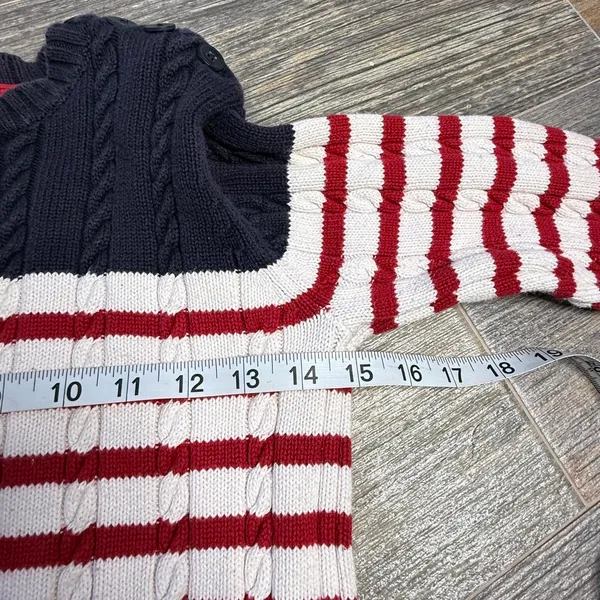 Vintage Tommy Hilfiger nautical fisherman cable knit sweater with red and white stripes at the hem and navy blue upper 100% cotton Made in Japan size small Has some minor yellowing spots as pictured barely noticeable on the hem and on the sleeves Ptp 15” Waist 13.5” Length 22” Inseam 19.25” Stretchy fabric #preppy #vintage #cableknit #fisherman #nautical - Image 8