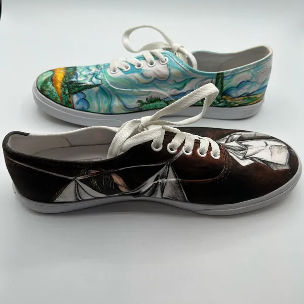 Vans Mens 6.5 Womens 8 Shoes Sneakers‎ Blue Black Art Scenes Customized Skater - Image 6