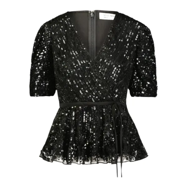 Mac Duggal R5694 Black Sequin Floral Faux Wrap Peplum Top L - Image 3