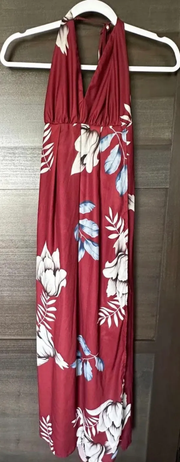 Floral red & blue Halter slit maxi dress - Image 4
