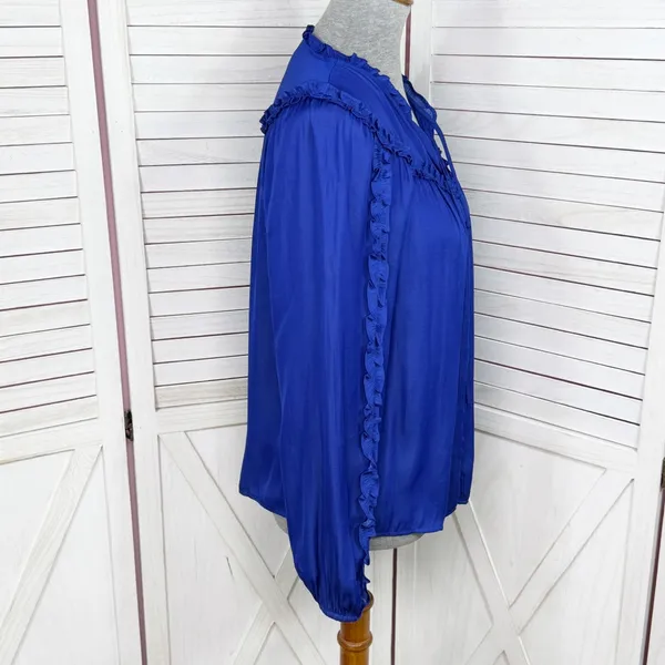 Loft Ruffle Trim Tie Neck Button Up‎ Blouse Long Sleeve Lapis Blue Small - Image 4