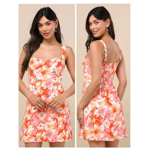 Lulus Ashlea Orange Floral Sweetheart Mini Dress Size Medium NWT Beach Feminine - Image 2