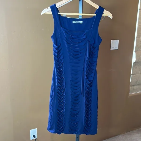 My Tribe Blue Ruched Sleeveless Party Dress Size Small EUC $219 Retail - Image 2