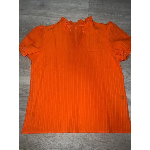 Orange Pleat Notch Neck Puff Sleeve Top - Women - Image 4