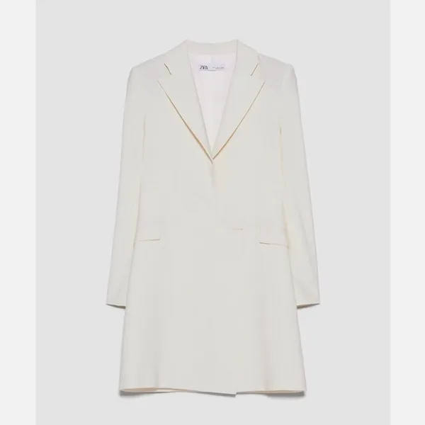 Zara Collared Plunge Blazer Dress Stretch Wool Blend in Cream Ivory Women's XS - Image 12
