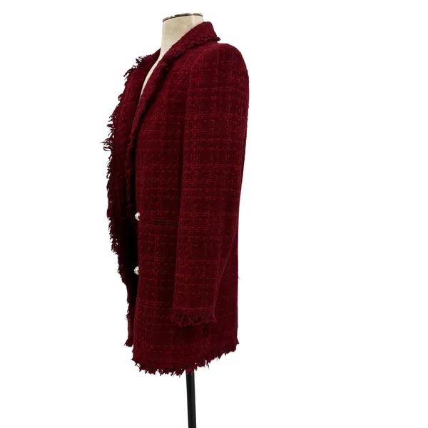 Zara Tweed Blazer Jacket‎ Coat Gold Buttons Frayed Hem Red Size Small - Image 9