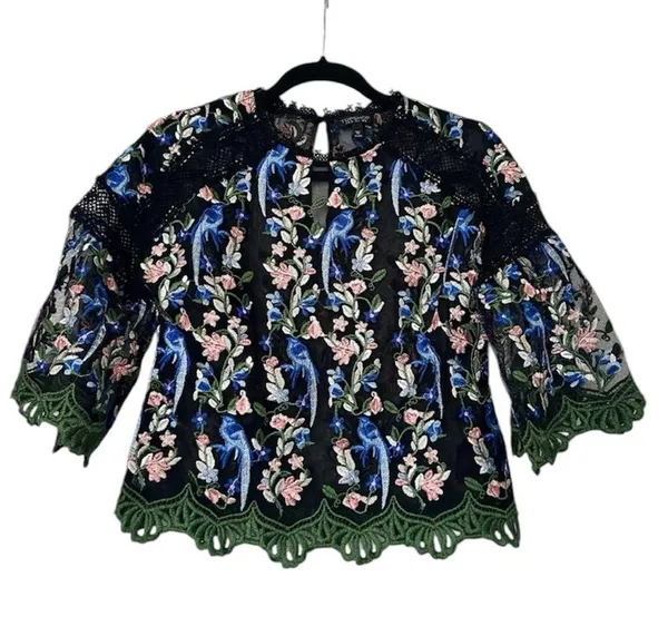 Topshop Floral Peacock Embroidered Crochet Top - Image 2