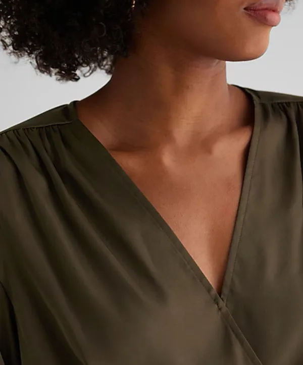 Satin V-Neck Balloon Sleeve Faux Wrap Top - Image 2