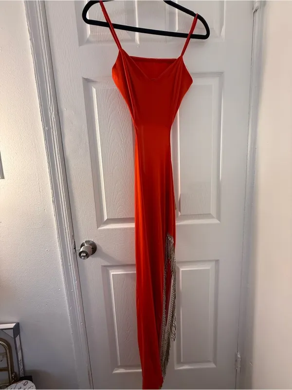 Red Strappy Cutout Evening Dress with Fringe - Image 6