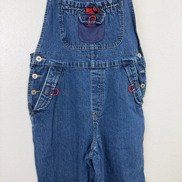 B.U.M. Equipment Overalls Womens Size Medium Blue Denim Red Mesh Straps Vintage - Image 3