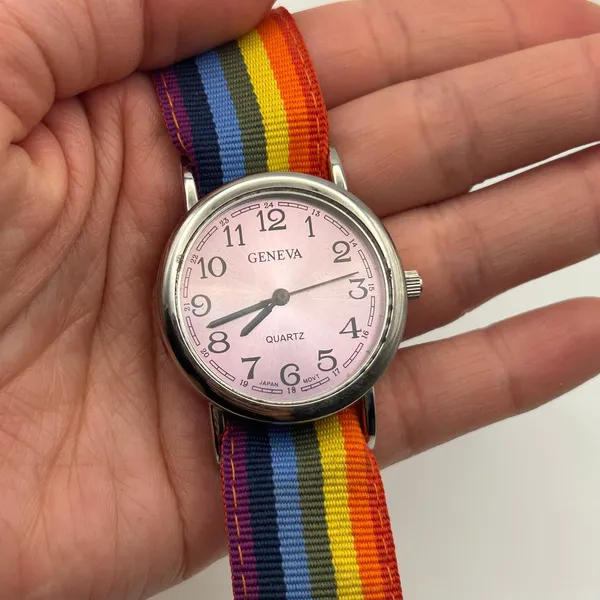 Geneva Silver Multicolored Cloth Band Women’s Watch Working New Battery - Image 6