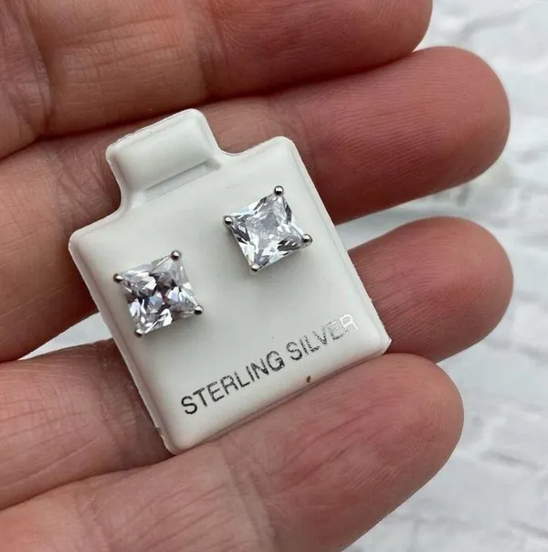 Sterling Silver 6mm Square Clear CZ Stud Earrings - Image 3