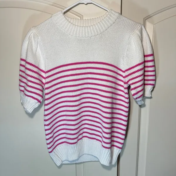 English Factory Striped Puff‎ Sleeve Sweater Short Sleeve Womens M White Pink - Image 2