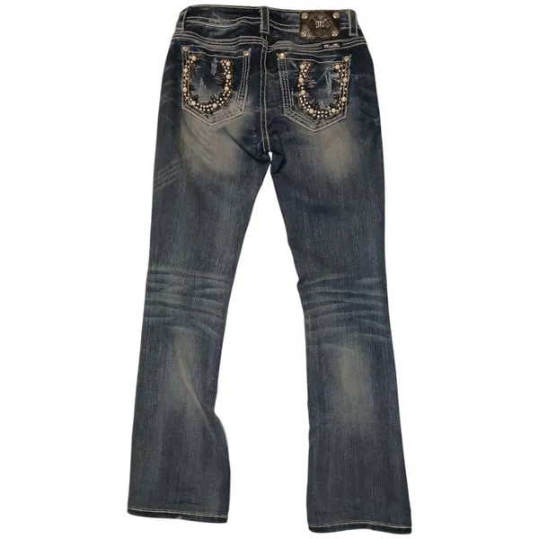 Miss Me Y2K style pearl and rhinestone studded midrise bootcut jeans size 28 - Image 2