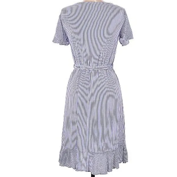 Naif by Anthropologie Blue & White Stripe‎ V-Neck Ruffle Tie Wrap Dress Small - Image 2