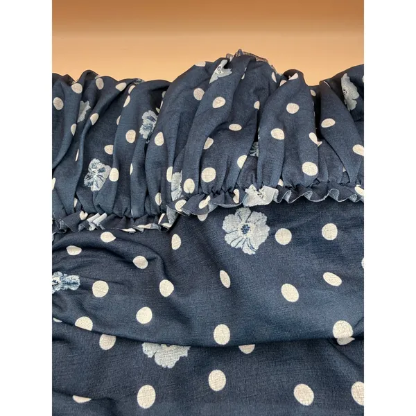 Free People Tube Top Navy Blue‎ White Polka Dot Ruched Ruffle Fitted Large - Image 2