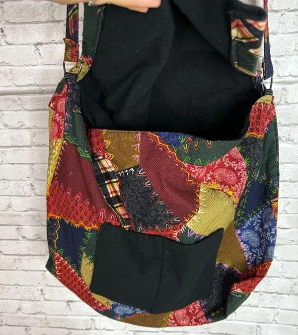 Boho Patchwork Print Messenger Crossbody Bag Red - Image 4